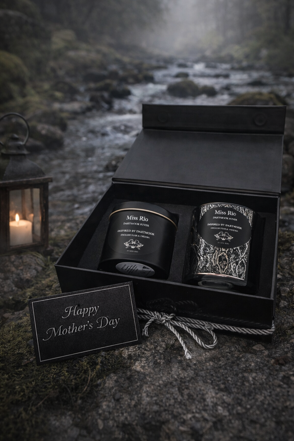 Mother’s Day luxury candle gift set with python silver and black vogue and travel tin . Dartmoor inspired 