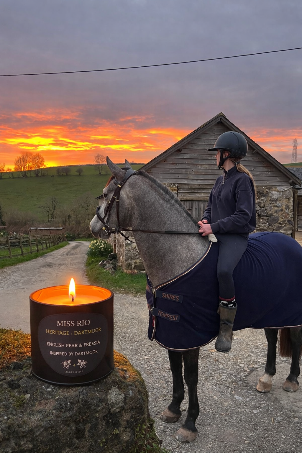 Miss Rio soy candle tin with a grey horse and a stunning sunset 