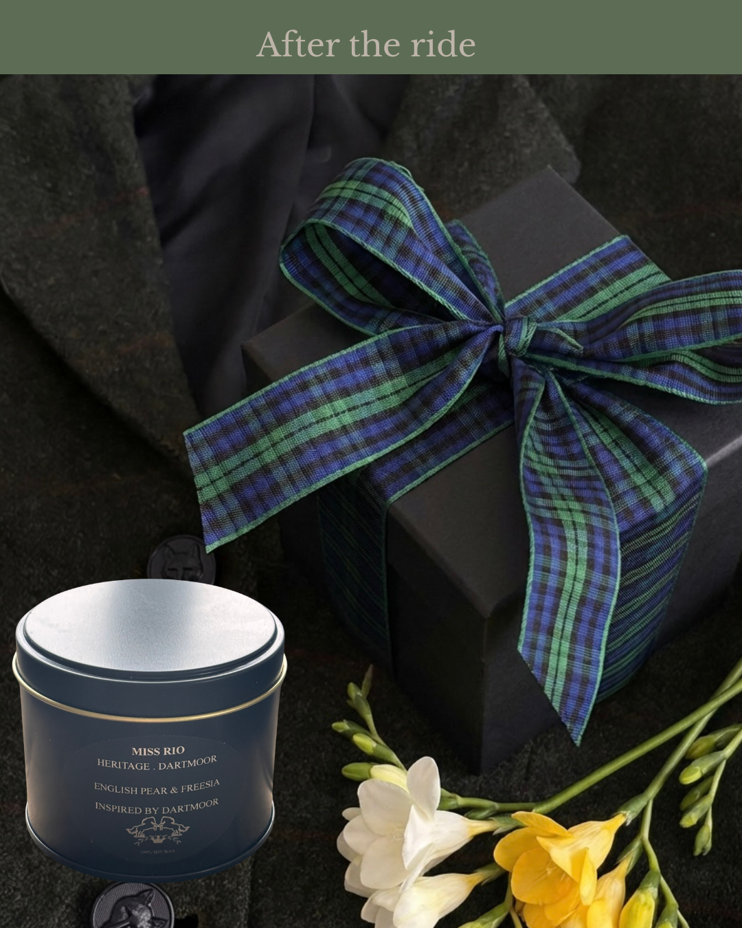  Luxury Candle tin with black box gift wrapped with checked ribbon. 
