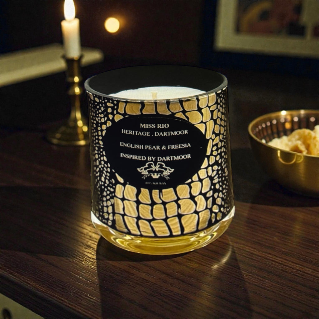 Dartmoor Heritage candle crocodile texture black and gold jar .