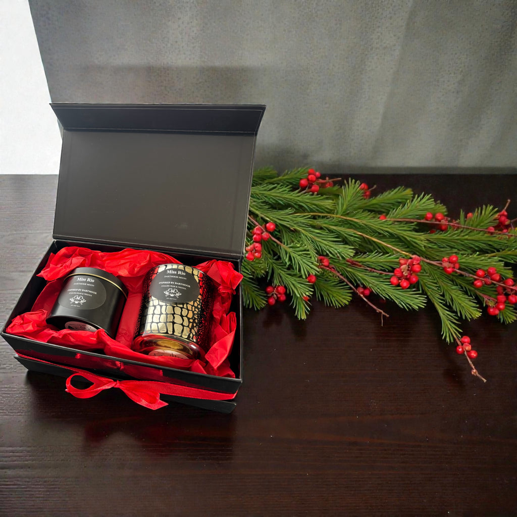 Dartmoor river luxury gift set with travel candle and python candle. Vegan friendly.