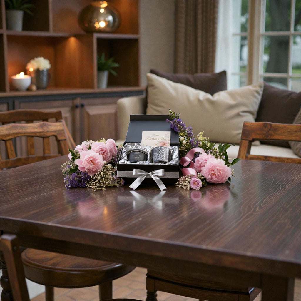 Vegan luxury candle gift set in elegant packaging with ribbon. Miss Rio