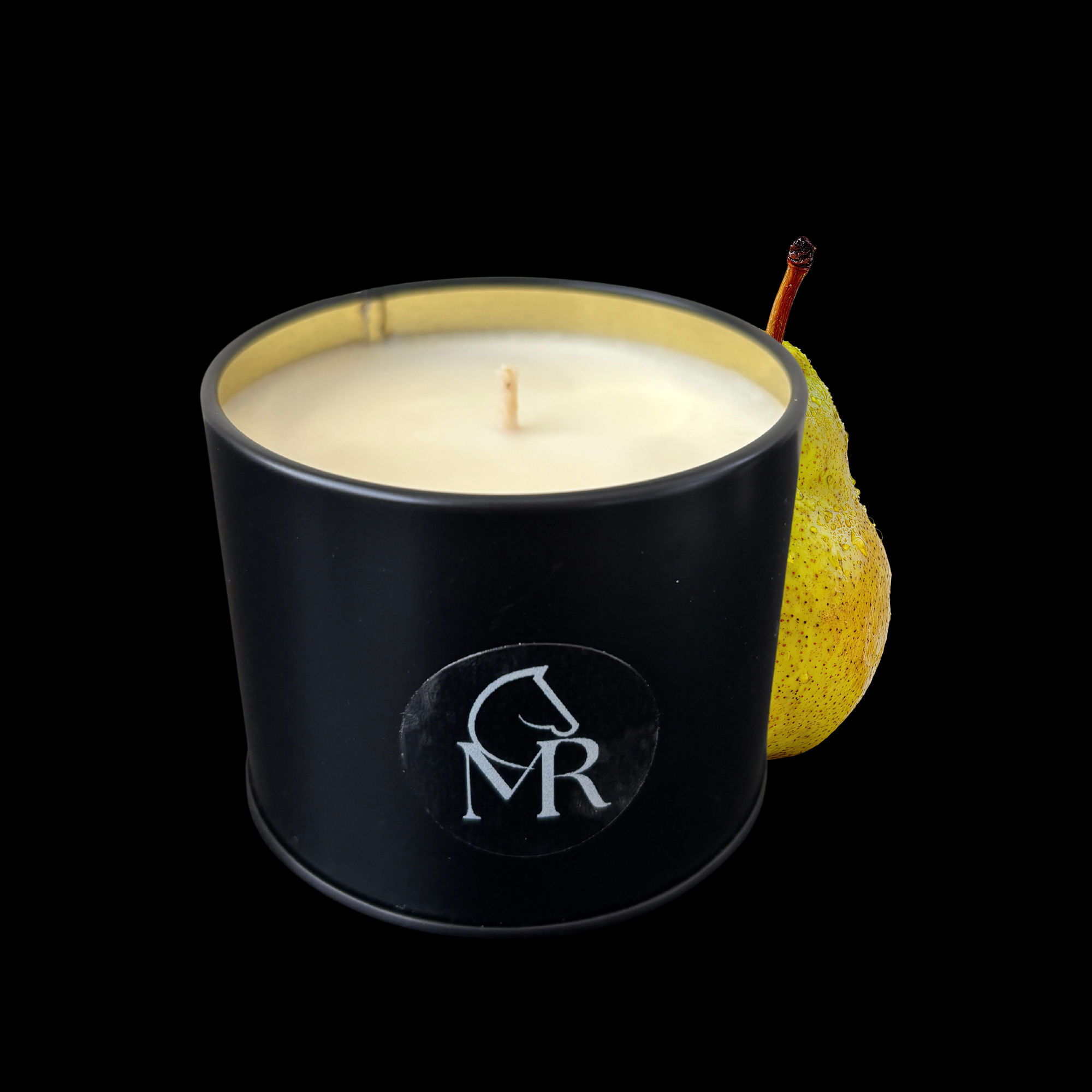 English Pear & Freesia luxury soy candle by Miss Rio displayed with a grey horse, inspired by Dartmoor countryside and equestrian life.