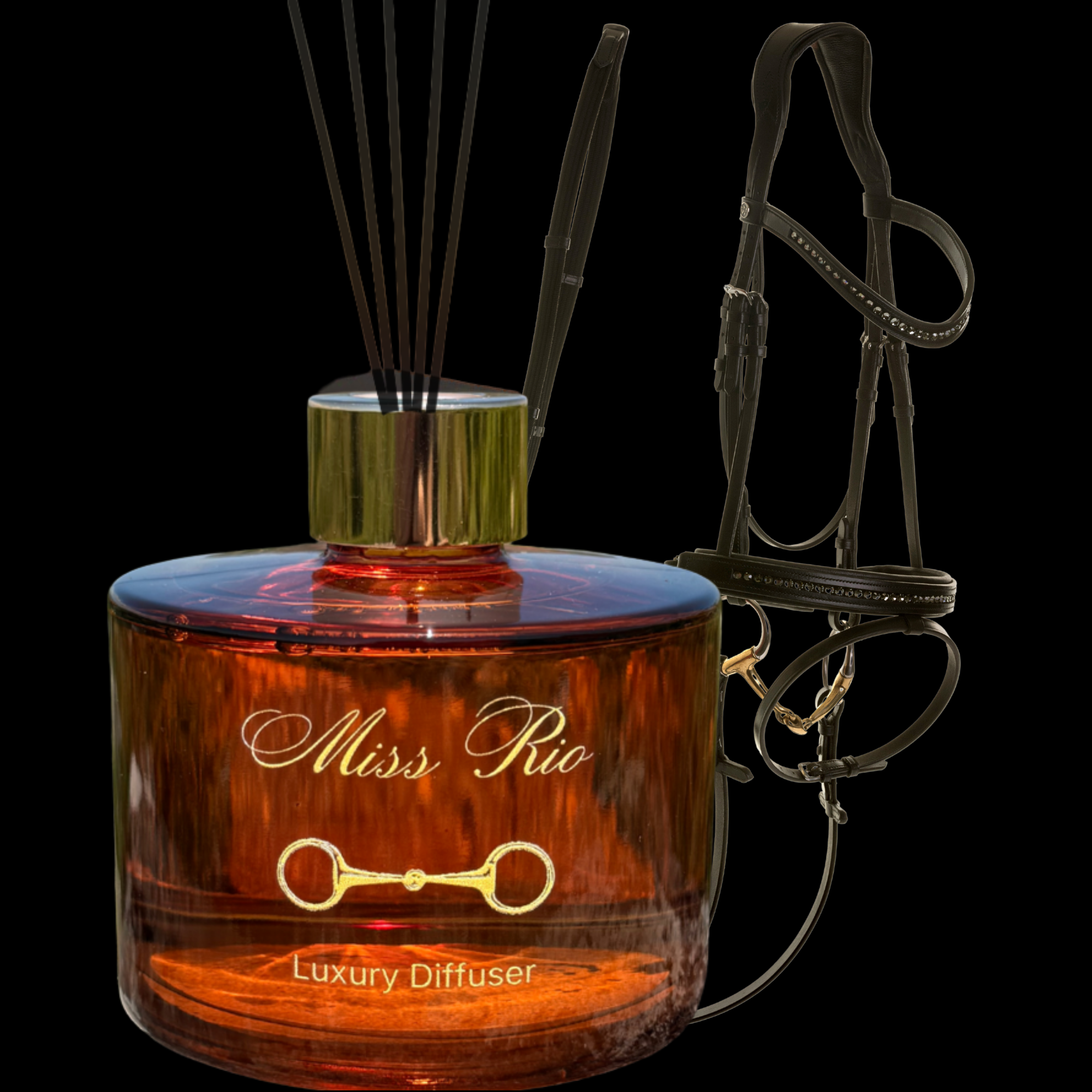 Miss Rio luxury reed diffuser with amber glass vessel and horse bridle, equestrian home fragrance inspired by Dartmoor.