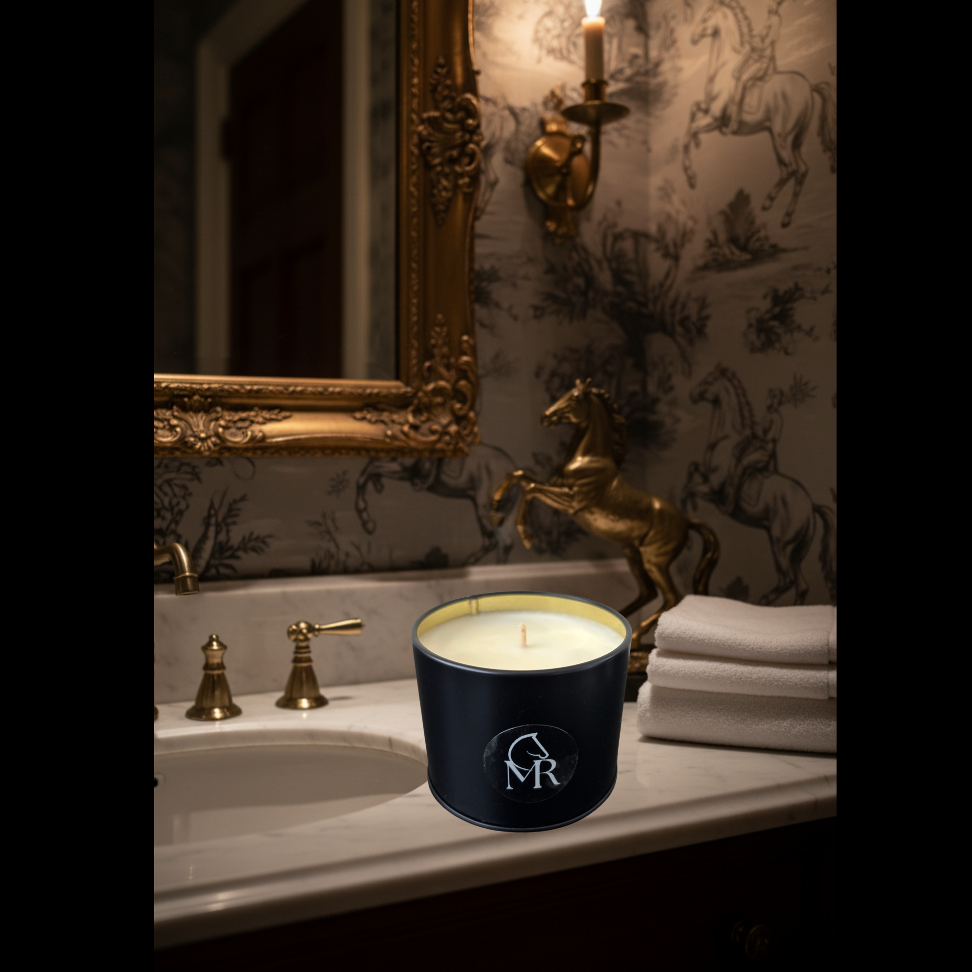 Miss Rio English Pear & Freesia hand-poured soy candle with horse portrait, inspired by Dartmoor heritage and countryside living.