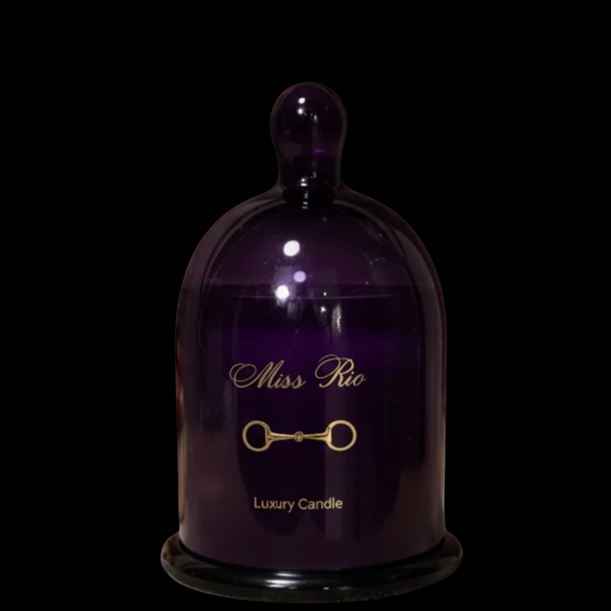Miss Rio luxury purple glass scented candle with horse bit design, premium soy wax home fragrance.