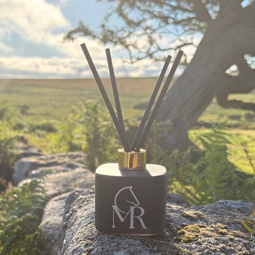 Miss Rio Dartmoor Smokey Embers luxury reed diffuser in a matte black vessel with gold cap and MR equestrian horse logo, sitting on ancient lichen-covered granite tor with wild hawthorn tree and golden Dartmoor moorland behind. Hand-crafted in Devon, inspired by Dartmoor.