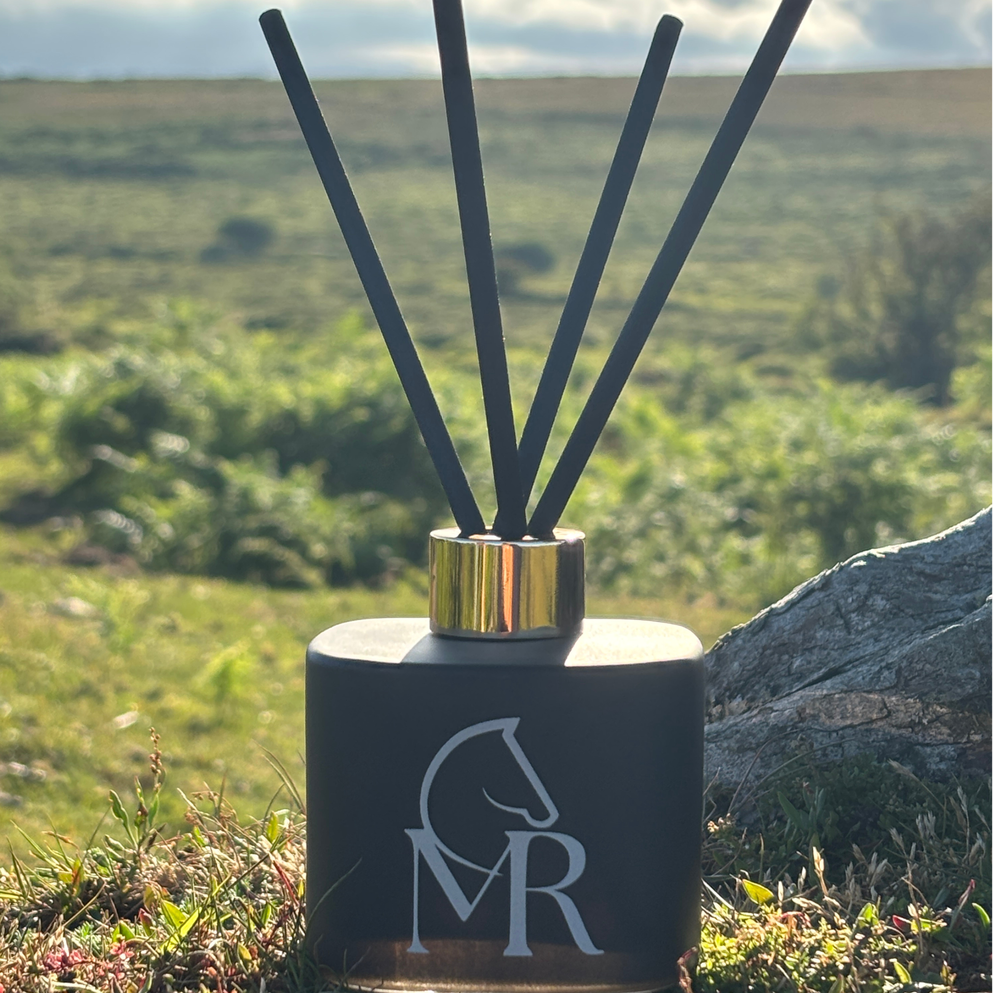 Miss Rio Dartmoor Smokey Embers luxury reed diffuser in a matte black vessel with gold cap and MR equestrian horse logo, resting against an ancient granite stone on wild Dartmoor moorland with dramatic clouds and open moor behind. Hand-crafted in Devon.