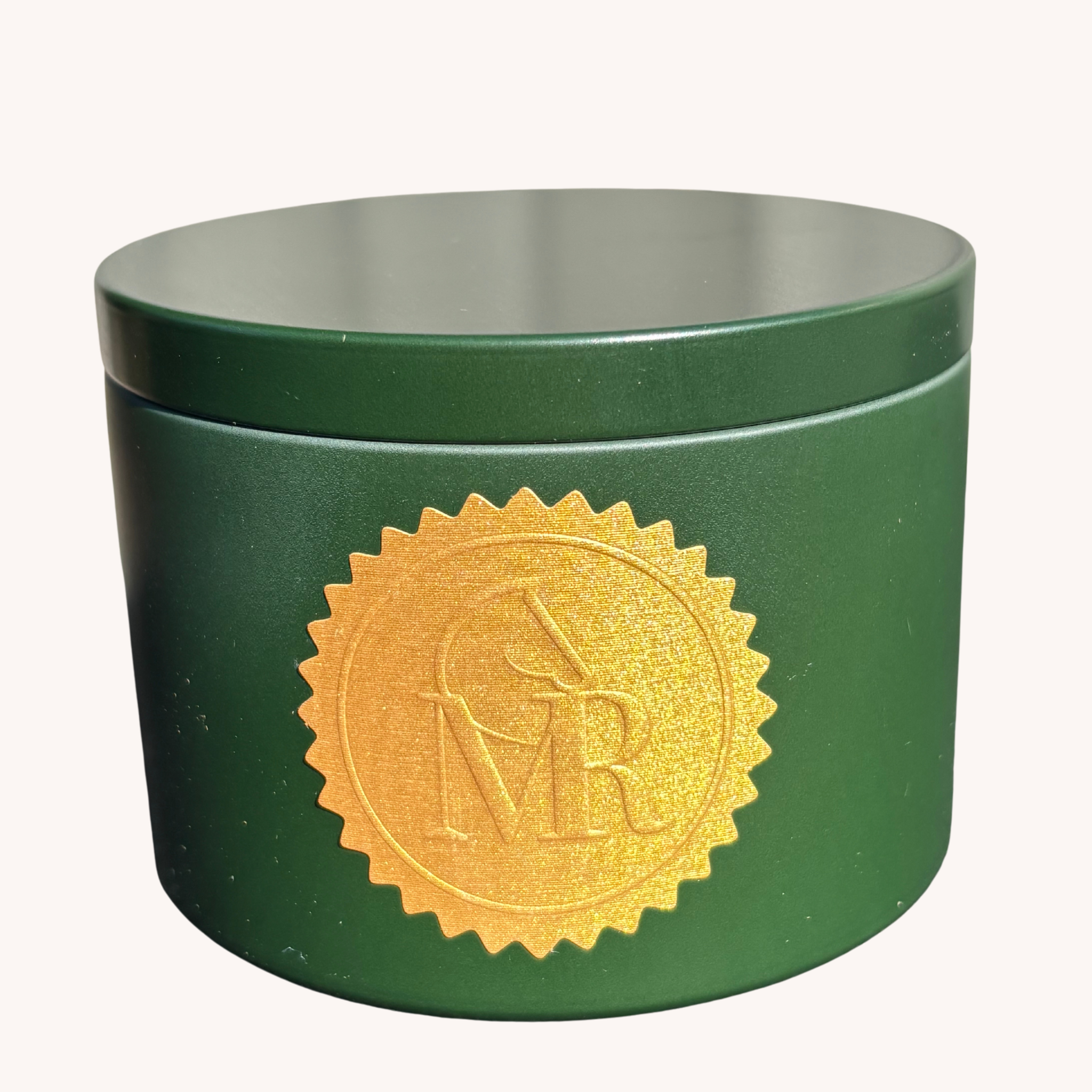 Miss Rio Lucky Penny candle with gold MR seal, lit among fresh pears in a golden orchard with a horse and rider in the background, inspired by Dartmoor.