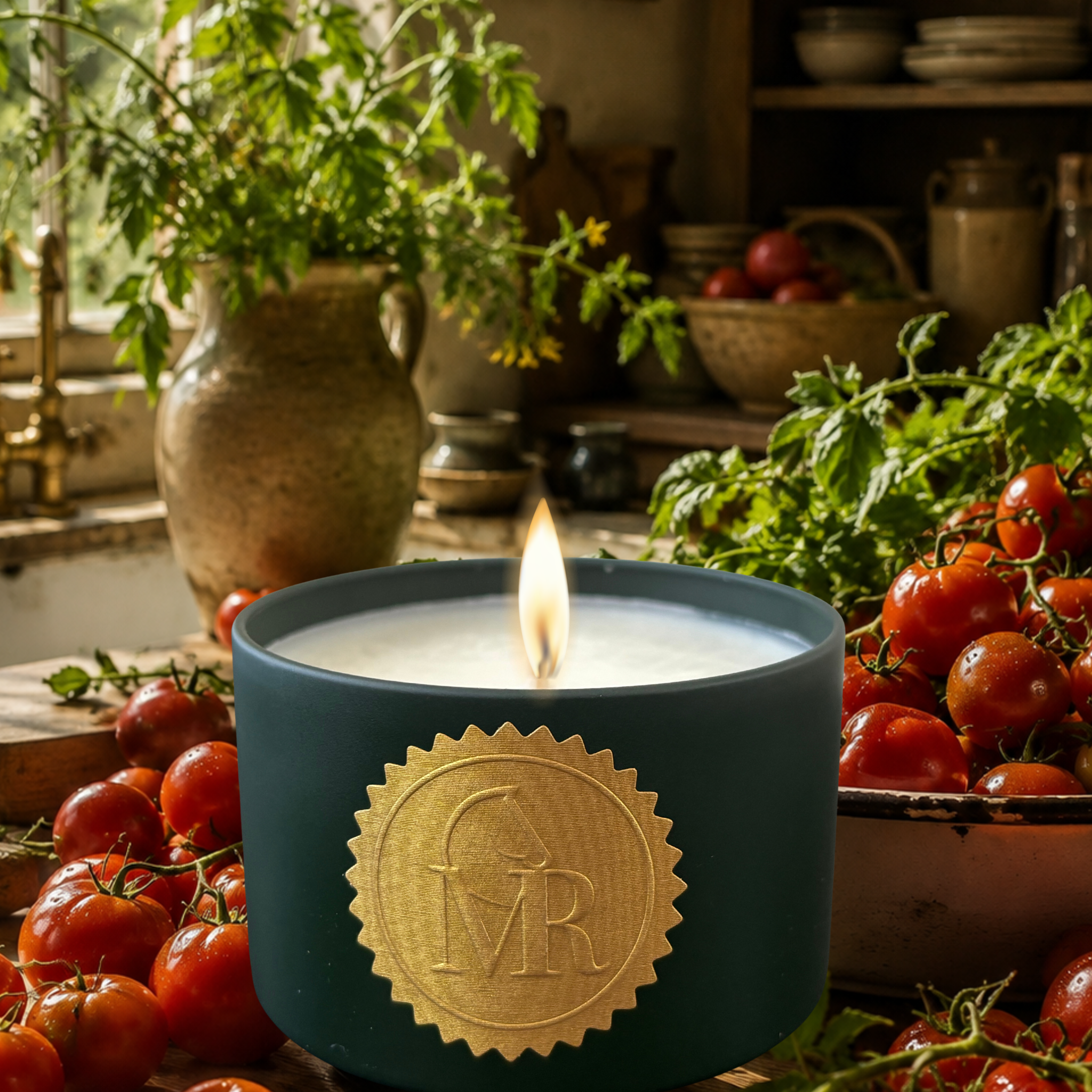 Green luxury soy candle with a gold Miss Rio seal, lit with a warm flame and photographed among fresh tomato vines and ripe tomatoes, creating a rustic country garden setting.