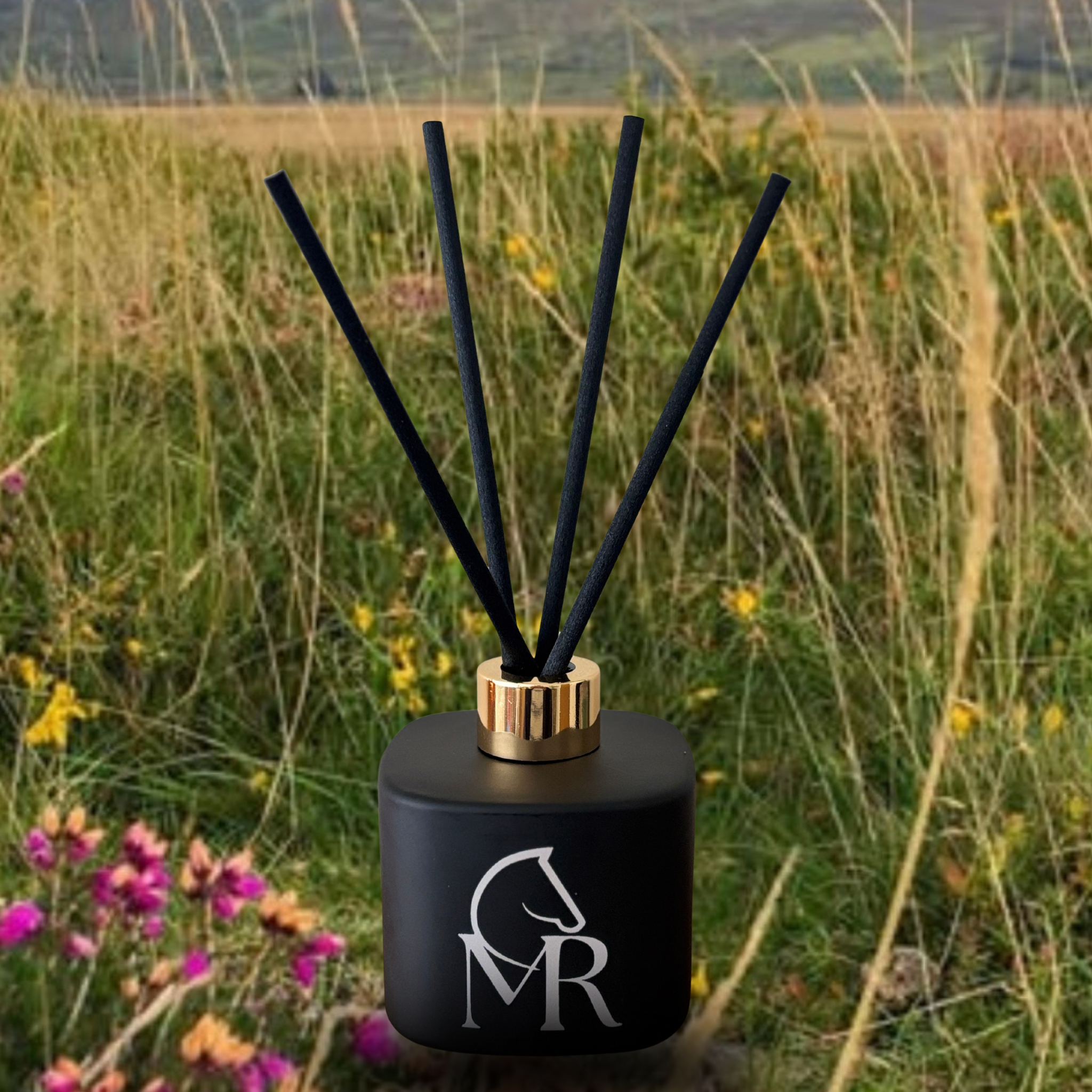 Miss Rio luxury reed diffuser in matte black with gold collar and black reeds, photographed outdoors among wild Dartmoor meadow grasses and moorland wildflowers at golden hour