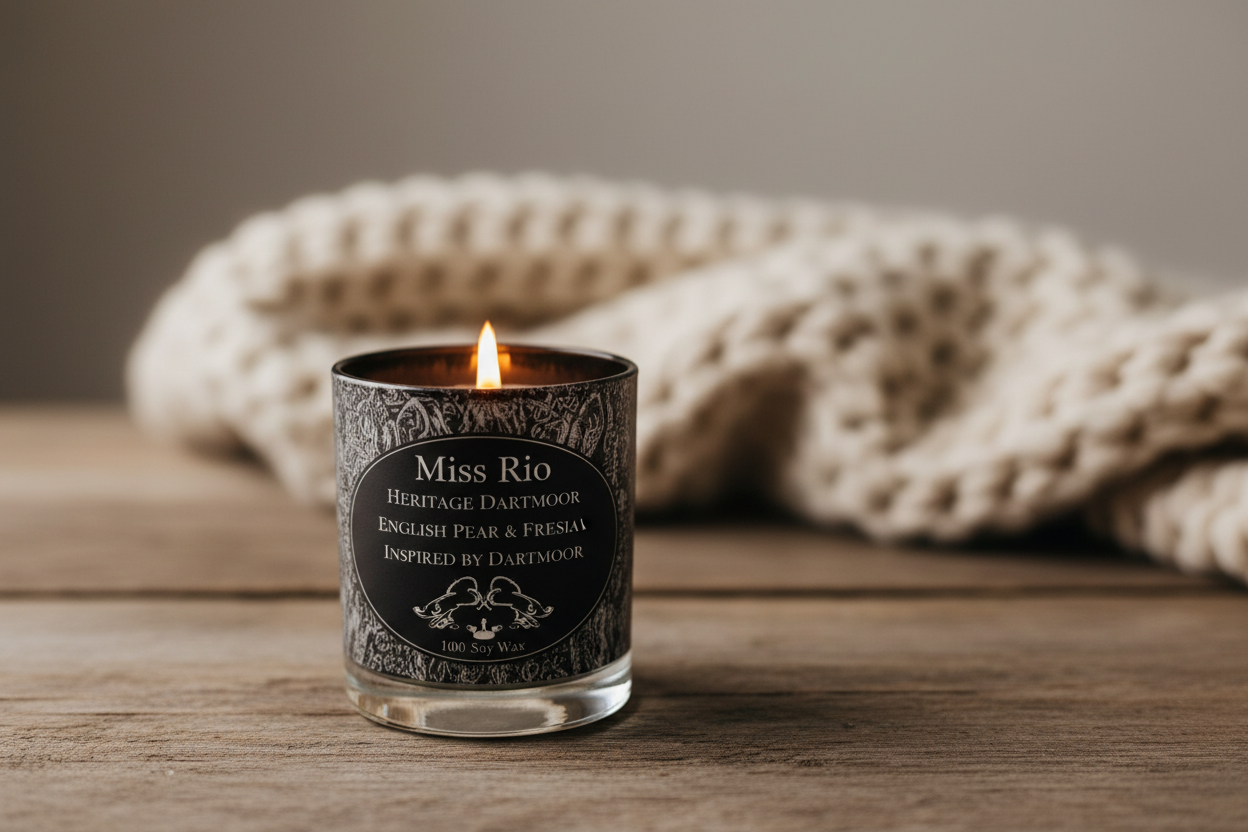 Dartmoor python candle 25cl in cozy home with blanket.