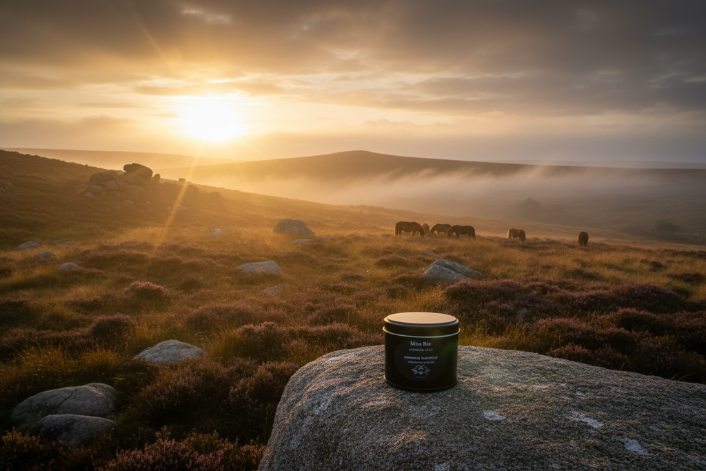 British Heritage travel candle with a Dartmoor landscape.