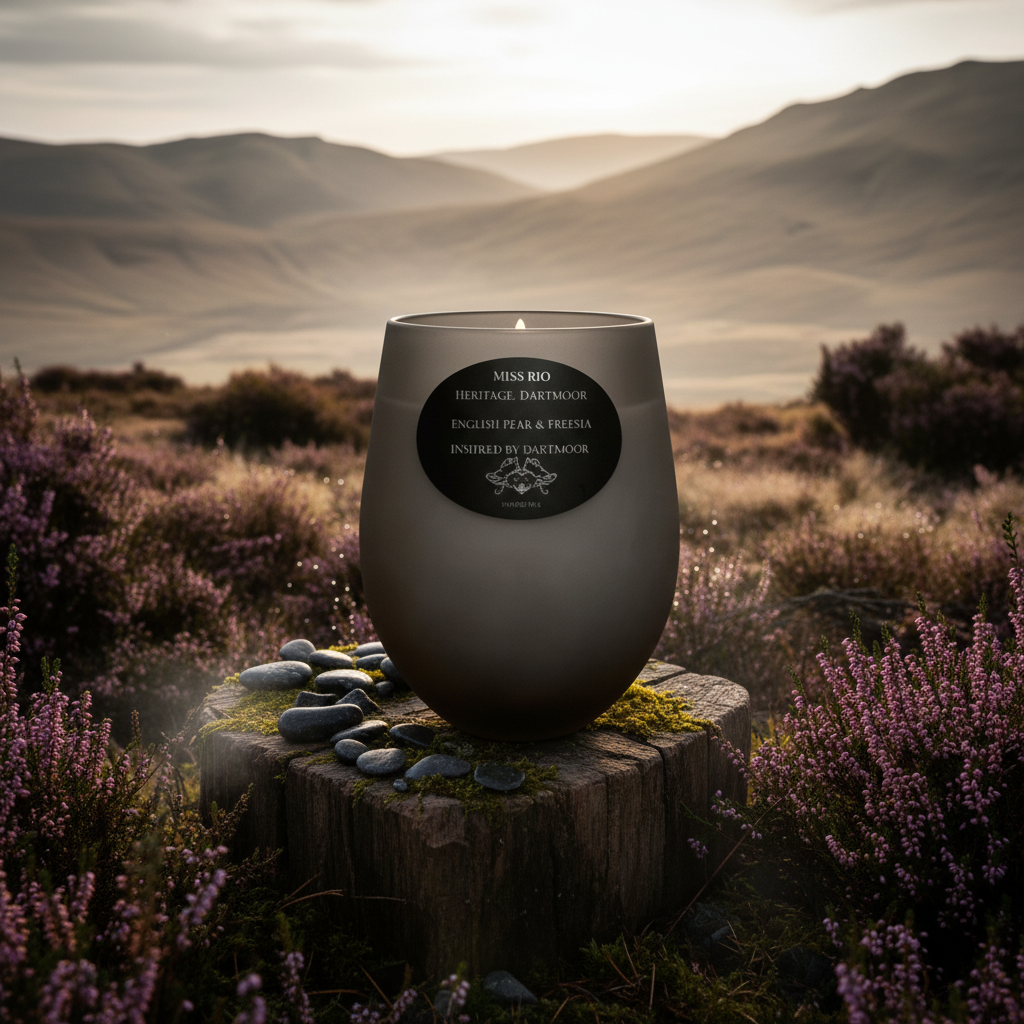 Dartmoor English Pear & Freesia luxury vegan candle in a frosted gray jar .