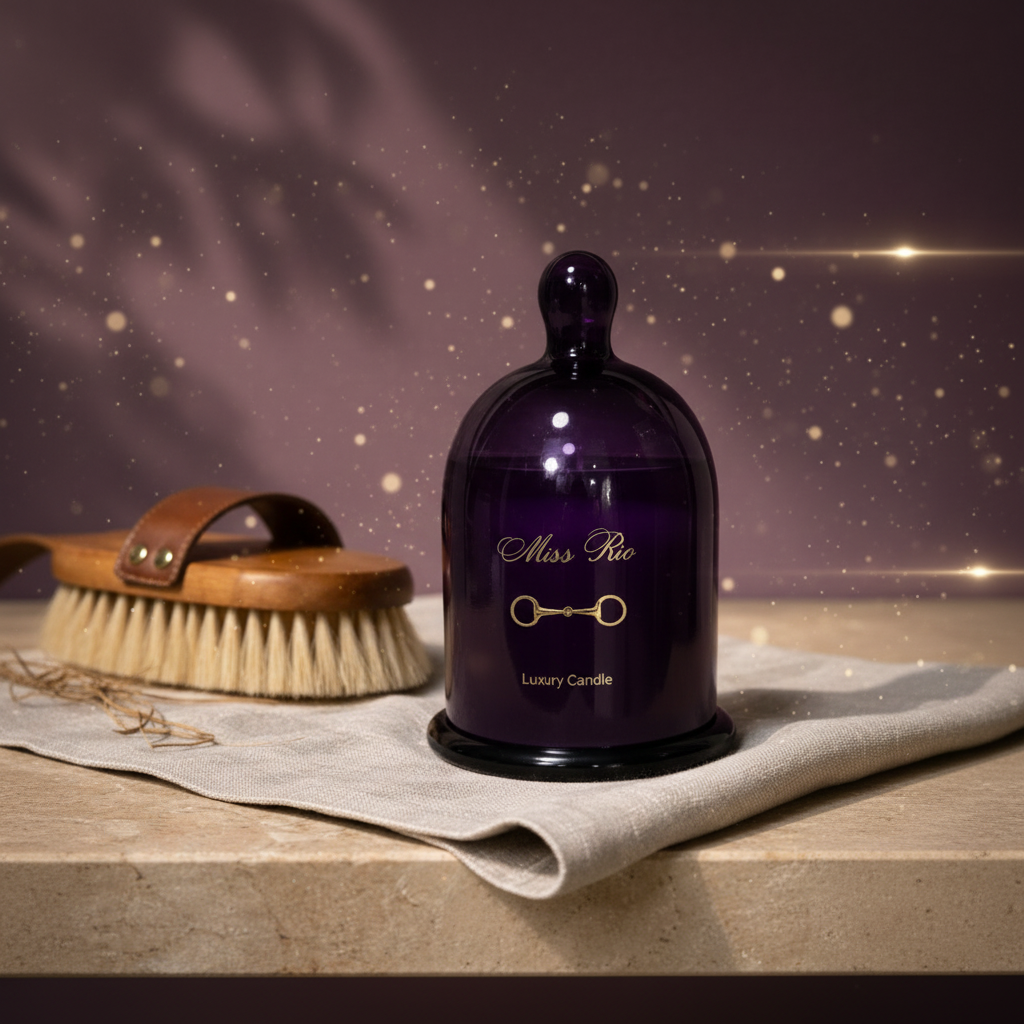 Enhanced Miss Rio equestrian Candle - Main Hansel + Gretel's house luxury vegan candle in a purple cloche jar