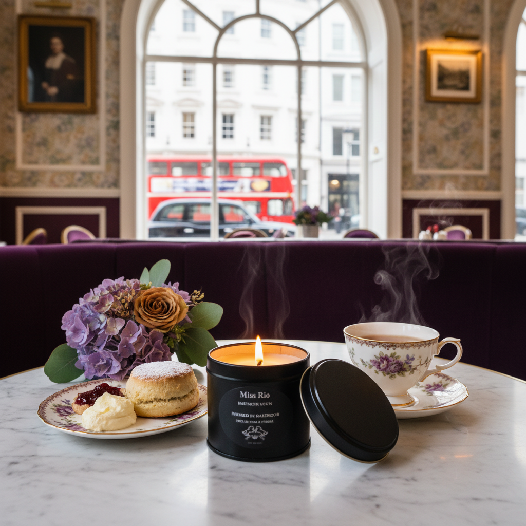 Dartmoor travel candle tin 20cl in London cafe scene.