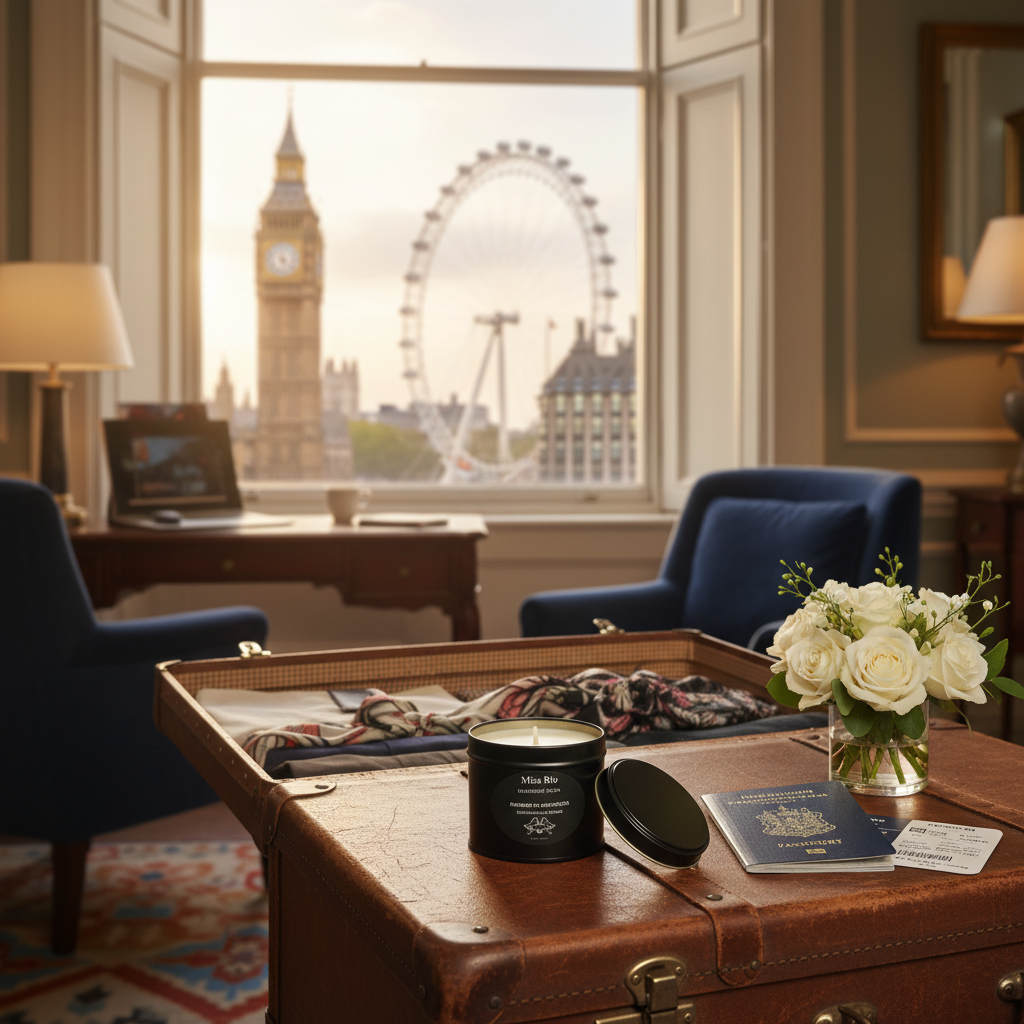 Dartmoor travel candle tin open in a luxury London hotel setting.