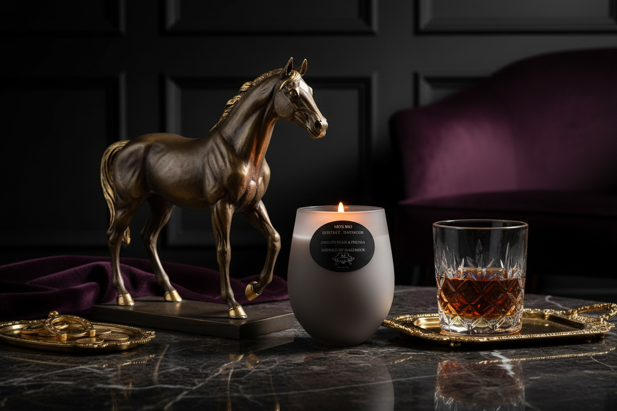 British Heritage Dartmoor candle with a bronze equestrian sculpture.