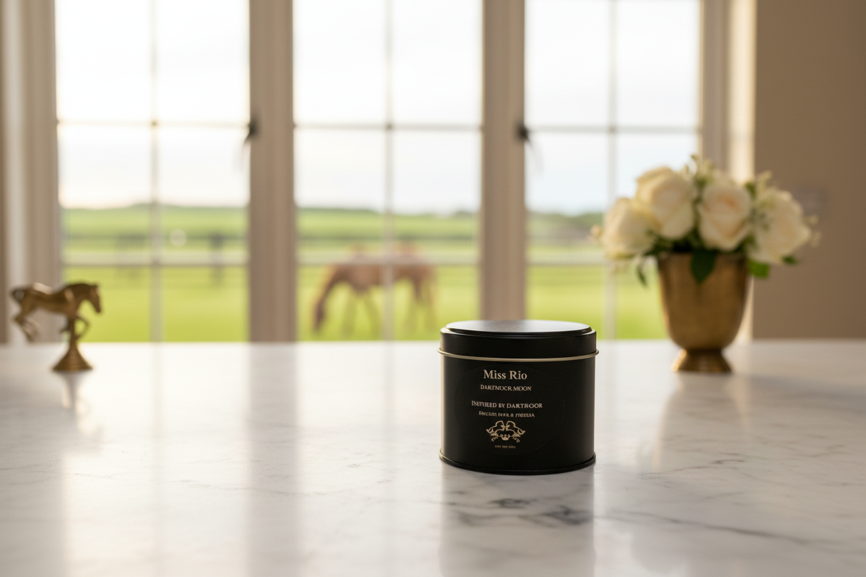 Dartmoor travel tin in a luxury kitchen close up with a countryside view.