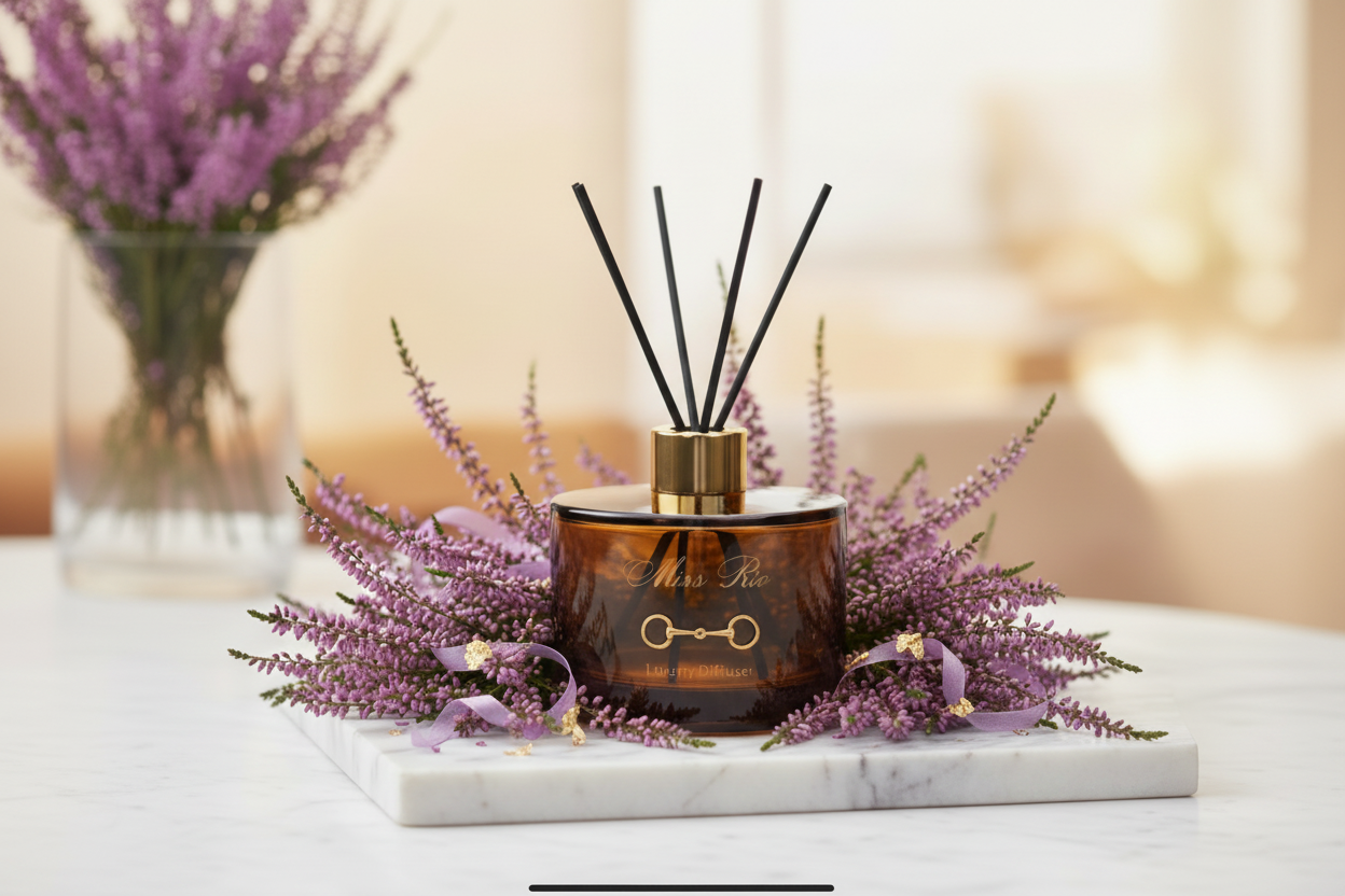 British Heritage equestrian Reed diffuser with natural reeds in Amber glass