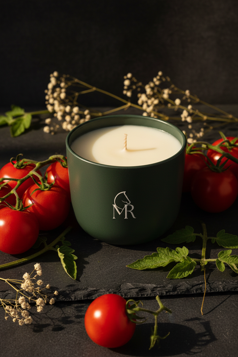 Luxury tomato vine candle inspired by English country gardens, hand-poured in Devon by Miss Rio.